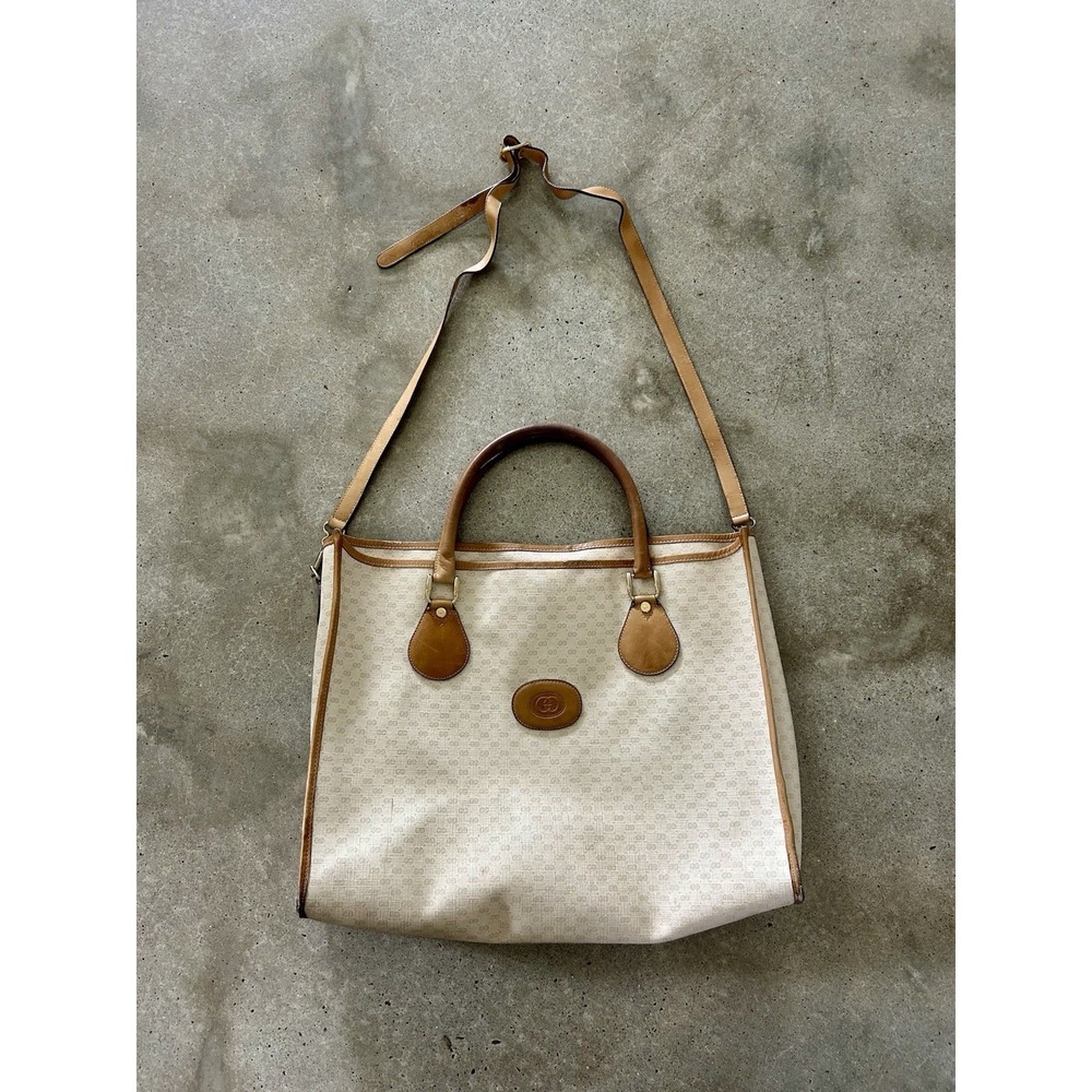 Authentic Vintage Gucci‎ Micro GG Ivory Canvas Bag Crossbody Tote & Coin Purse